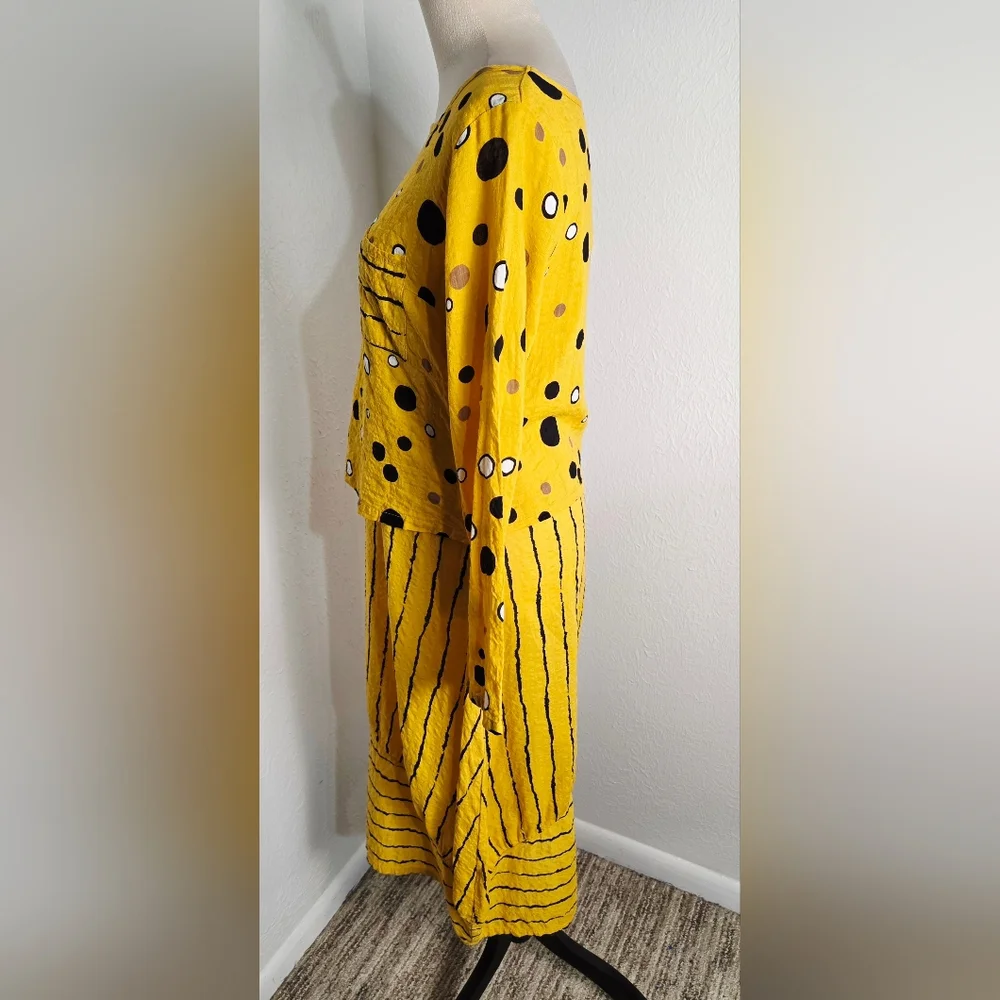 Yellow Long Sleeve Polka Dot & Stripe Midi Dress (fits like M)